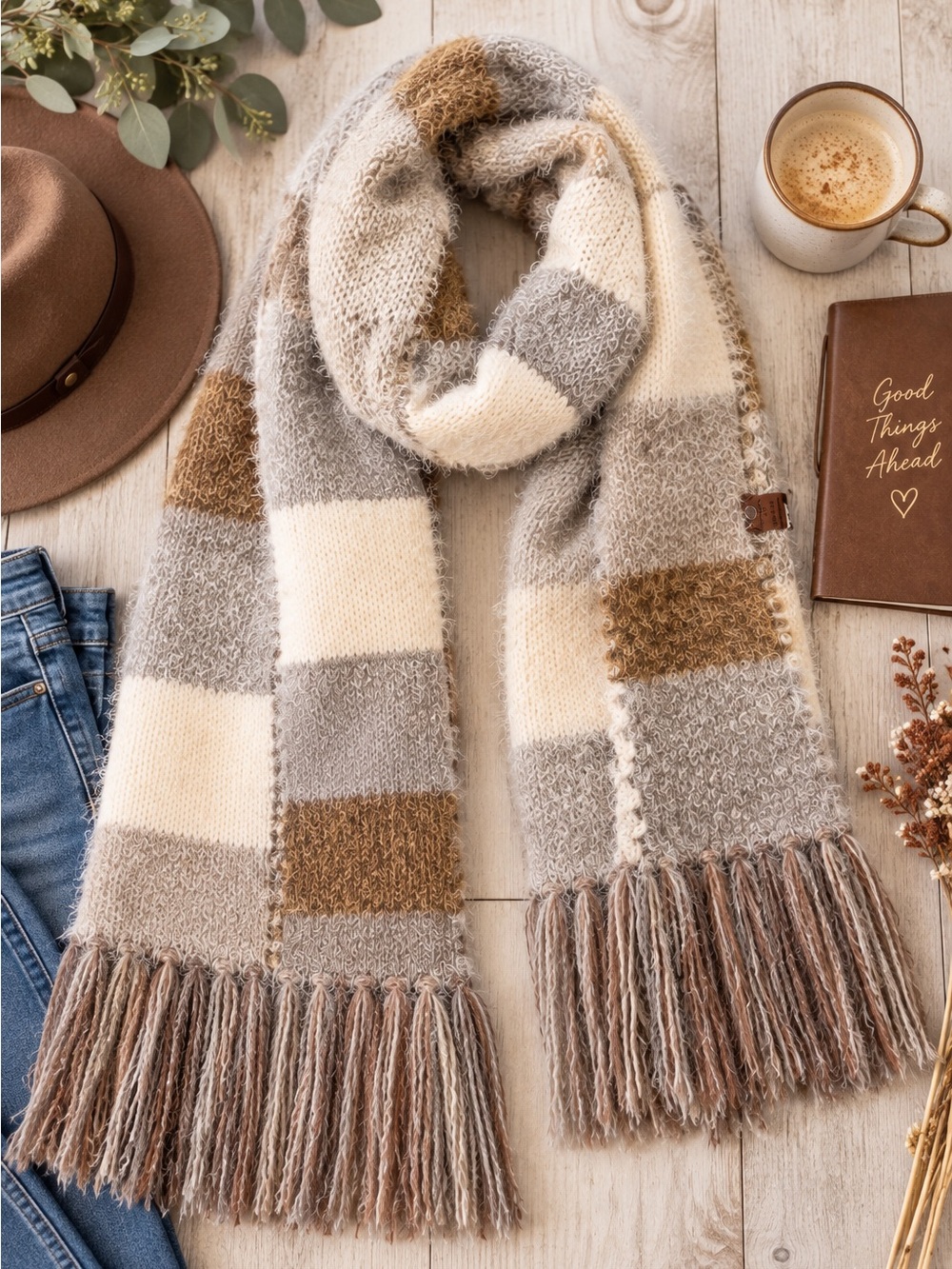 NEW Homespun Comforts Handmade Oversized Fuzzy Knit Blanket Scarf Fringe Neutral